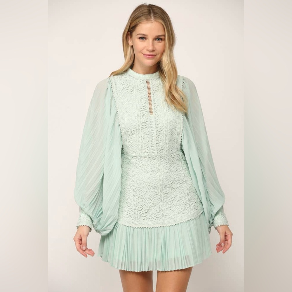 Pleated Volume Sleeve Lace Mini Dress|Statement Long Sleeve Party Dress|S–M - Picture 7 of 12